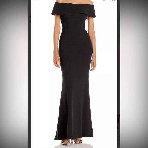 Betsy & Adam black off the shoulder back cascade and exposed zip Sz 8 gown new - Picture 2 of 13